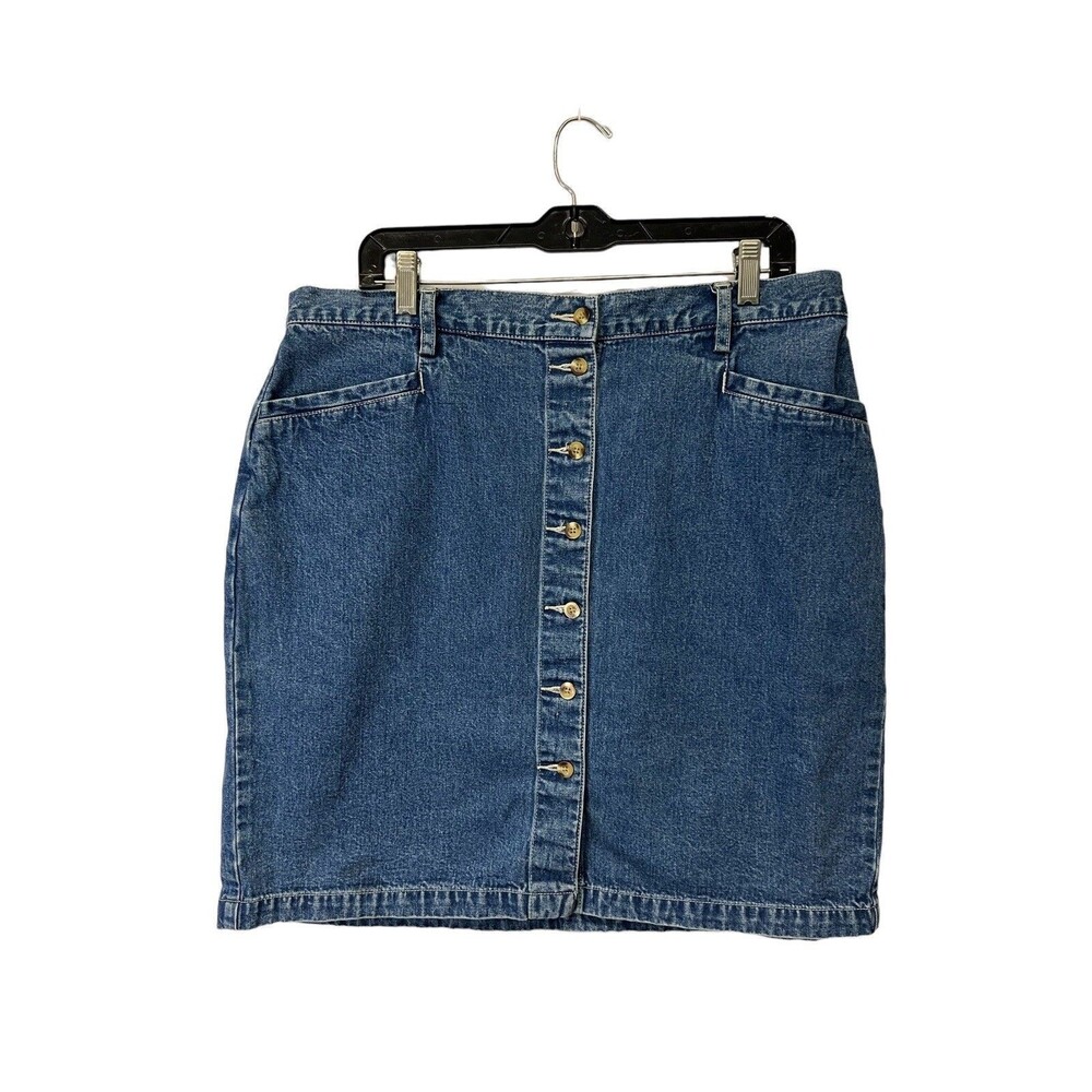 Y2K Eddie Bauer Denim Button Up Jean Skirt Pocket Medium Wash 100% Cotton Sz 18
